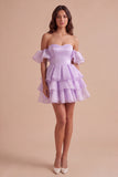 Lilac Off the Shoulder A-Line Ruffled Lace Up Short Cocktail Dress