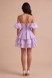 Lilac Off the Shoulder A-Line Ruffled Lace Up Short Cocktail Dress