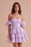 Lilac Off the Shoulder A-Line Ruffled Lace Up Short Cocktail Dress