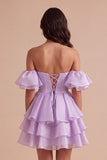 Lilac Off the Shoulder A-Line Ruffled Lace Up Short Cocktail Dress