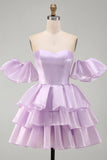 Lilac Off the Shoulder A-Line Ruffled Lace Up Short Cocktail Dress