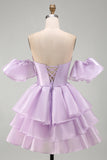 Lilac Off the Shoulder A-Line Ruffled Lace Up Short Cocktail Dress
