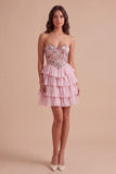 Pink Sparkly Beaded Sequins Floral Strapless Short Cocktail Dress