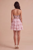 Pink Sparkly Beaded Sequins Floral Strapless Short Cocktail Dress