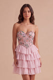 Pink Sparkly Beaded Sequins Floral Strapless Short Cocktail Dress