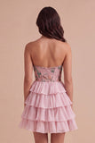 Pink Sparkly Beaded Sequins Floral Strapless Short Cocktail Dress