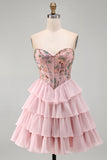 Pink Sparkly Beaded Sequins Floral Strapless Short Cocktail Dress