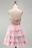 Pink Sparkly Beaded Sequins Floral Strapless Short Cocktail Dress