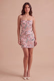 Pink Sparkly Floral Beaded Sequins Bodycon Short Cocktail Dress