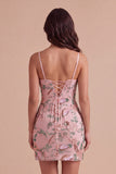 Pink Sparkly Floral Beaded Sequins Bodycon Short Cocktail Dress