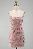 Pink Sparkly Floral Beaded Sequins Bodycon Short Cocktail Dress