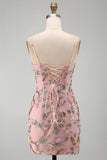Pink Sparkly Floral Beaded Sequins Bodycon Short Cocktail Dress