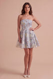 Blue Jacquard Floral Corset A-Line Strapless Short Cocktail Dress