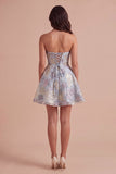 Blue Jacquard Floral Corset A-Line Strapless Short Cocktail Dress