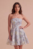 Blue Jacquard Floral Corset A-Line Strapless Short Cocktail Dress