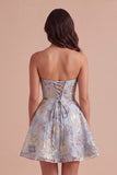 Blue Jacquard Floral Corset A-Line Strapless Short Cocktail Dress