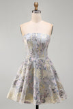 Blue Jacquard Floral Corset A-Line Strapless Short Cocktail Dress