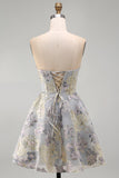Blue Jacquard Floral Corset A-Line Strapless Short Cocktail Dress