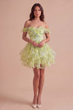 Yellow Green Floral Corset Off the Shoulder Ruffled Short Cocktail Dress