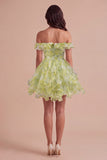 Yellow Green Floral Corset Off the Shoulder Ruffled Short Cocktail Dress