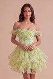 Yellow Green Floral Corset Off the Shoulder Ruffled Short Cocktail Dress