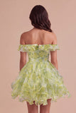 Yellow Green Floral Corset Off the Shoulder Ruffled Short Cocktail Dress