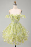 Yellow Green Floral Corset Off the Shoulder Ruffled Short Cocktail Dress