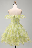 Yellow Green Floral Corset Off the Shoulder Ruffled Short Cocktail Dress