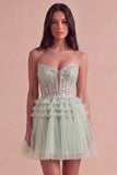 Sparkly Floral Sequins Dusty Sage Corset Tulle Short Cocktail Dress