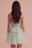 Sparkly Floral Sequins Dusty Sage Corset Tulle Short Cocktail Dress