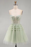Sparkly Floral Sequins Dusty Sage Corset Tulle Short Cocktail Dress