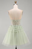 Sparkly Floral Sequins Dusty Sage Corset Tulle Short Cocktail Dress