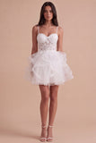 White Floral Spaghetti Straps Corset Ruffled Short Cocktail Dress with Appliques