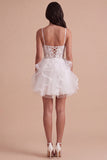 White Floral Spaghetti Straps Corset Ruffled Short Cocktail Dress with Appliques