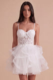 White Floral Spaghetti Straps Corset Ruffled Short Cocktail Dress with Appliques