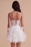 White Floral Spaghetti Straps Corset Ruffled Short Cocktail Dress with Appliques
