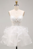 White Floral Spaghetti Straps Corset Ruffled Short Cocktail Dress with Appliques