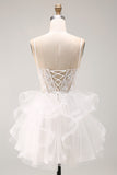White Floral Spaghetti Straps Corset Ruffled Short Cocktail Dress with Appliques