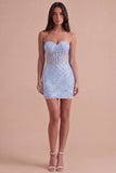 Blue Sparkly Sequins Floral Corset Strapless Bodycon Short Cocktail Dress
