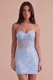 Blue Sparkly Sequins Floral Corset Strapless Bodycon Short Cocktail Dress