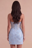Blue Sparkly Sequins Floral Corset Strapless Bodycon Short Cocktail Dress