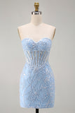 Blue Sparkly Sequins Floral Corset Strapless Bodycon Short Cocktail Dress