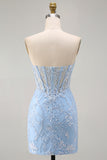Blue Sparkly Sequins Floral Corset Strapless Bodycon Short Cocktail Dress
