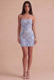 Blue Sparkly Sequins Beaded Bodycon Strapless Short Cocktail Dress
