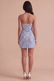 Blue Sparkly Sequins Beaded Bodycon Strapless Short Cocktail Dress