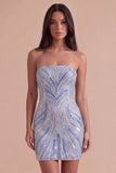 Blue Sparkly Sequins Beaded Bodycon Strapless Short Cocktail Dress