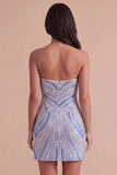 Blue Sparkly Sequins Beaded Bodycon Strapless Short Cocktail Dress
