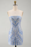 Blue Sparkly Sequins Beaded Bodycon Strapless Short Cocktail Dress