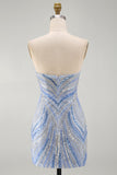 Blue Sparkly Sequins Beaded Bodycon Strapless Short Cocktail Dress