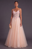 Champagne Floral Corset A-Line Spaghetti Straps Maxi Formal Dress with Appliques